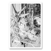 Zwart-wit canvas met discoballen en feestdecoratie in winkelwagentje – moderne en feestelijke wanddecoratie van Mo-Ca.