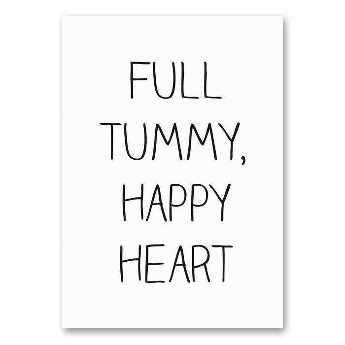 Canvas poster met de tekst "Full Tummy, Happy Heart" in een speels en gezellig design, ideaal als wanddecoratie voor keuken of eetkamer om een warme sfeer te creëren.