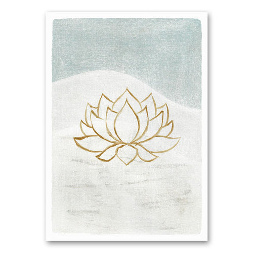 Minimalistische afbeelding van een gouden lotus met dunne lijnen op een serene achtergrond van zachte blauwe en witte tinten.