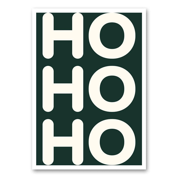 Canvas met de tekst Ho ho ho in grote witte letters op donkergroene achtergrond – moderne kerst wanddecoratie van Mo-Ca.