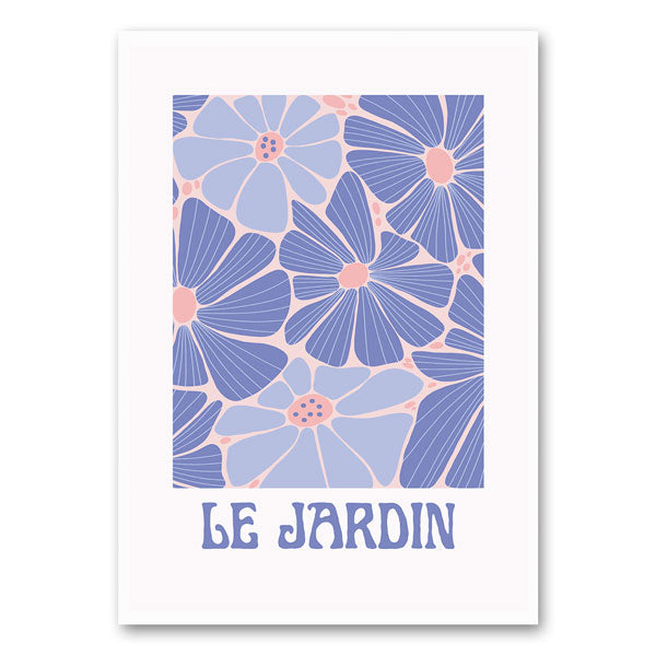 Typografische canvas met de tekst "Le Jardin", vergezeld door een botanische print in een stijlvol en minimalistisch design.