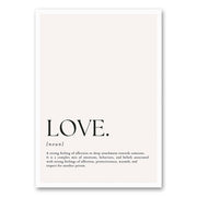 Minimalistische typografische poster met de definitie van "LOVE" in een strak en modern design.