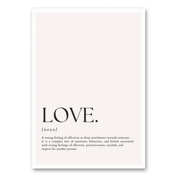 Minimalistische typografische poster met de definitie van "LOVE" in een strak en modern design.