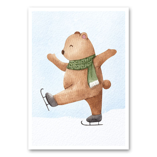 Canvas met illustratie van een beer op schaatsen met groene sjaal – winterse en feestelijke wanddecoratie van Mo-Ca