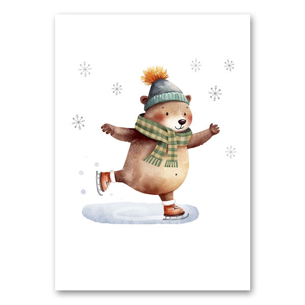 Canvas met illustratie van een schaatsende beer met muts en sjaal omringd door sneeuwvlokken – winterse wanddecoratie van Mo-Ca.