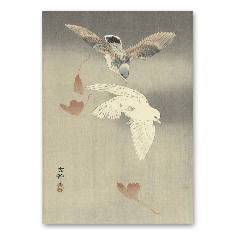 Mo-Ca Dutch old canvas Twee duiven bij vallende ginkgo bladeren